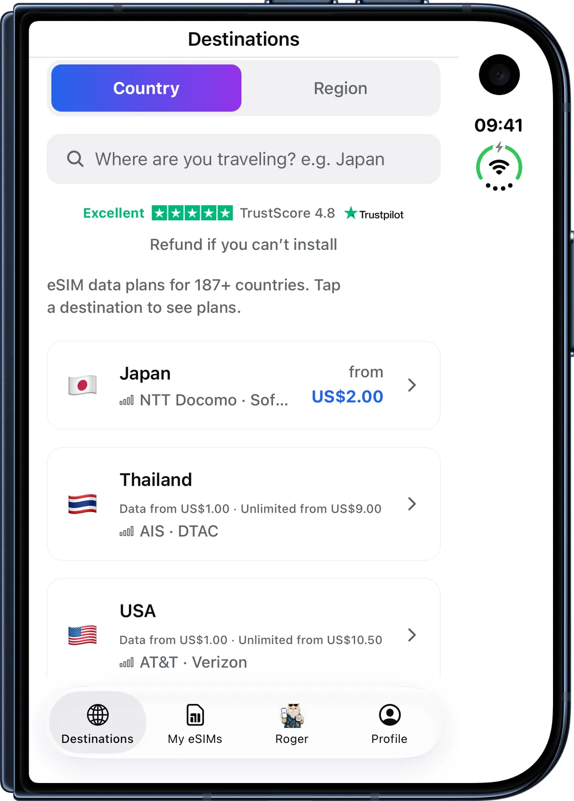eSIM Genius app on a closed iPhone Duo: destination list with Japan, Thailand and USA plans