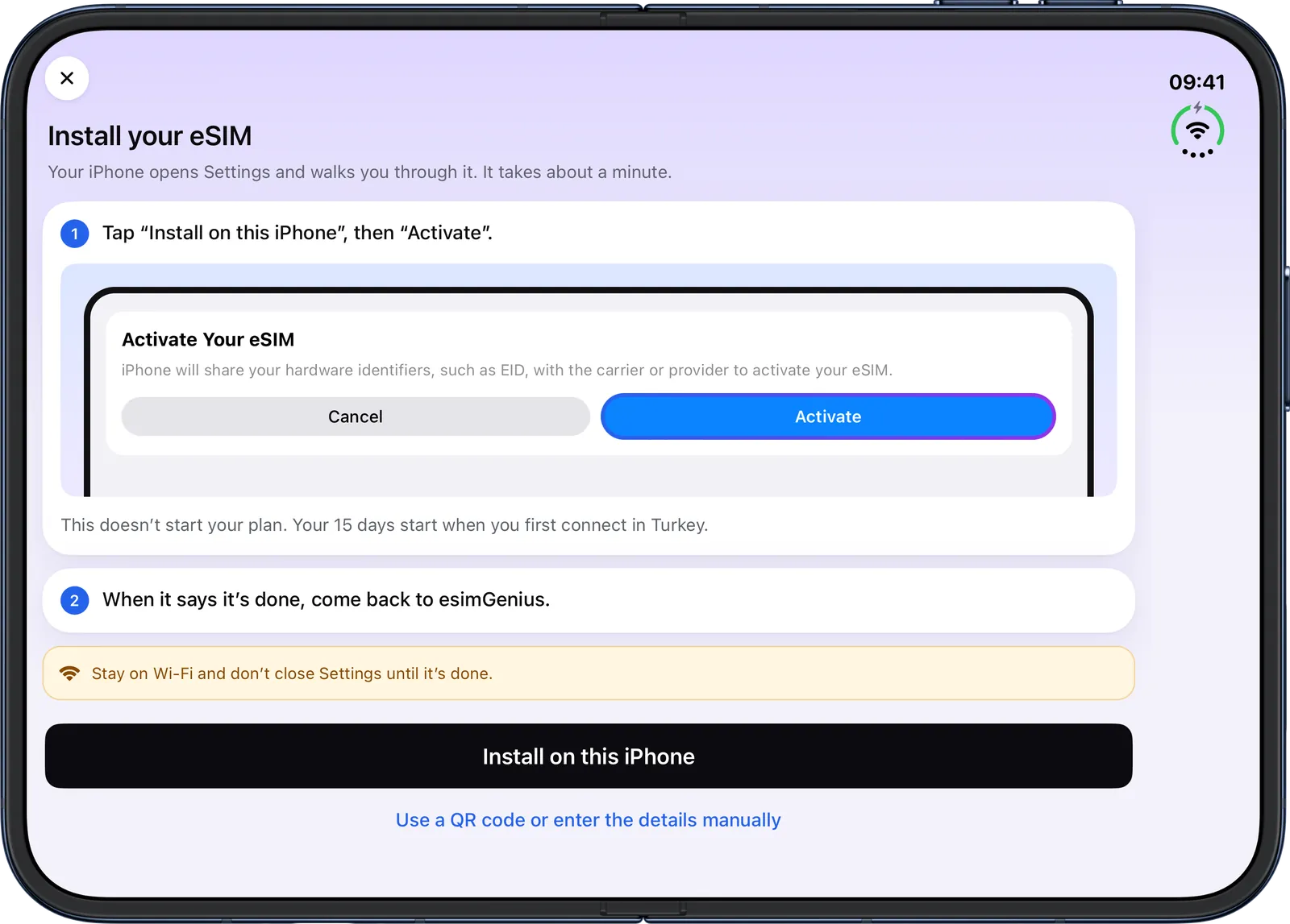 eSIM Genius app on an open iPhone Duo: Install your eSIM screen with the Install on this iPhone button