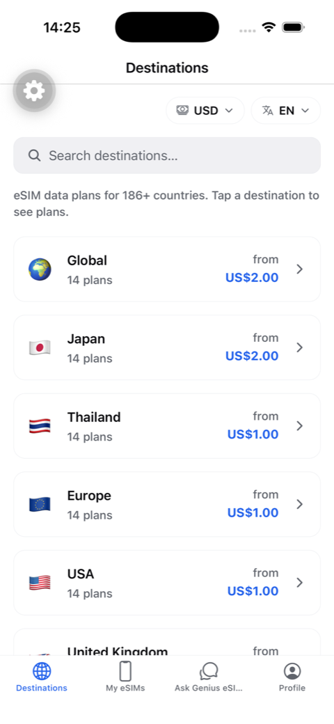 eSIM Genius app — browse eSIM data plans for 187+ destinations